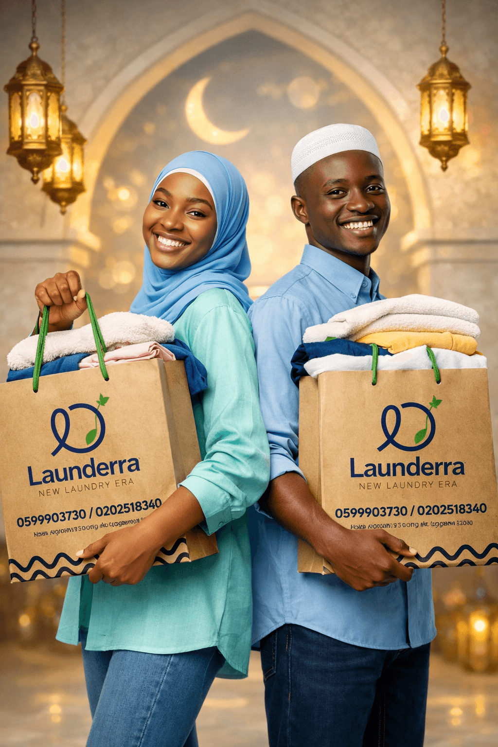 Happy Launderra customers with freshly cleaned clothes